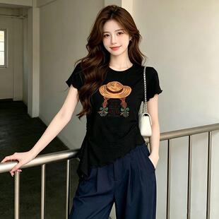夏款新款法式设计感小众时尚气质女装独特木耳机短袖T恤修身上衣
