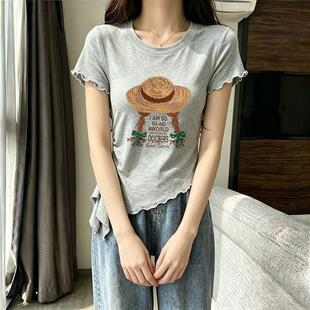 夏天短袖T恤女生潮牌2026新款复古休闲百搭显瘦木耳边印花ins上衣