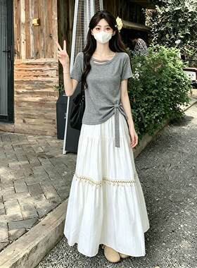 灰色亮片褶皱设计修身短袖T恤女生小众韩系个性穿搭复古原宿上衣