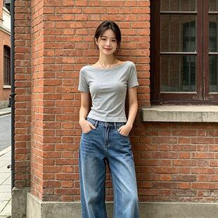 夏天薄款气质韩版薄款清新纯色一字领短袖T恤女款修身显瘦上衣ins