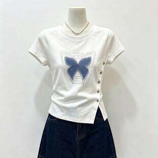 圆领白色短袖T恤女2026夏天新款百搭韩版宽松ins显瘦纽扣开叉上衣