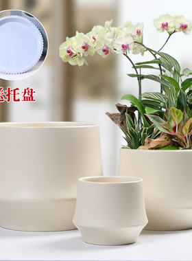 北欧陶瓷花盆简约个性创意家用白灰黄色阳台蝴蝶兰绿萝特大带托盘