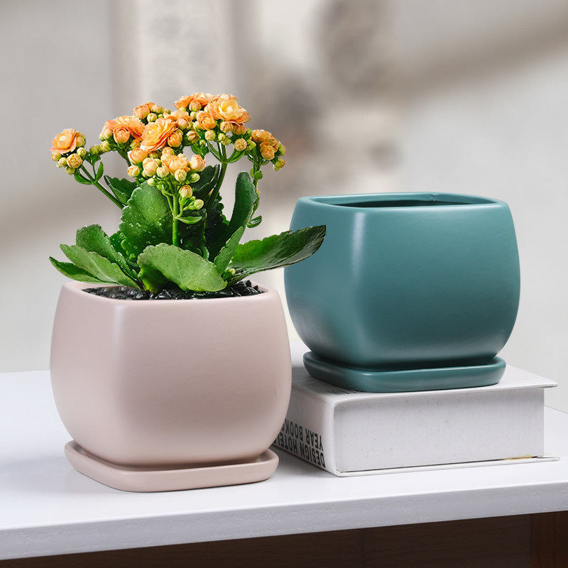 北欧简约四方陶瓷花盆中号创意带托盘家用绿萝蝴蝶兰花盆盆栽盆器