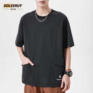 设计感双边拉链口袋短袖t恤男士宽松圆领上衣夏季冰丝速干体恤男
