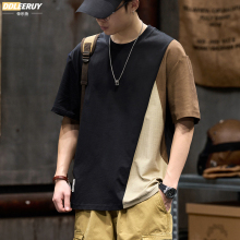 美式复古纯棉短袖T恤男士夏季新款潮牌设计感拼接撞色半袖体恤衫