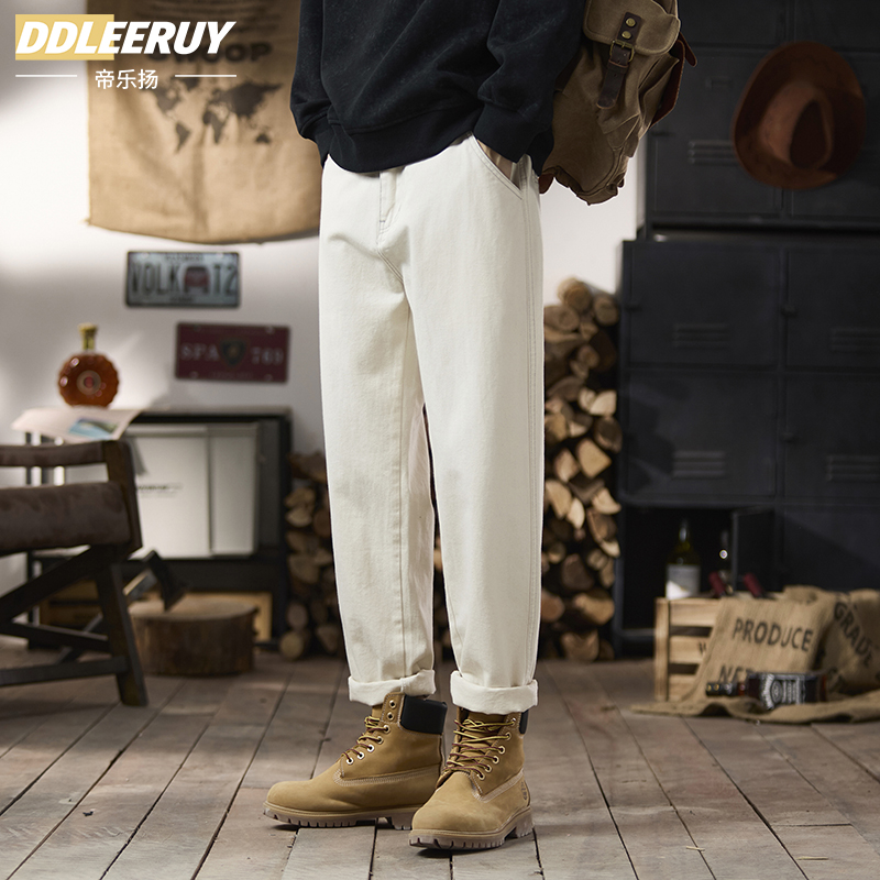 锥形直筒长裤男米白色纯棉牛仔裤