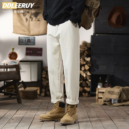 锥形直筒长裤男米白色纯棉牛仔裤