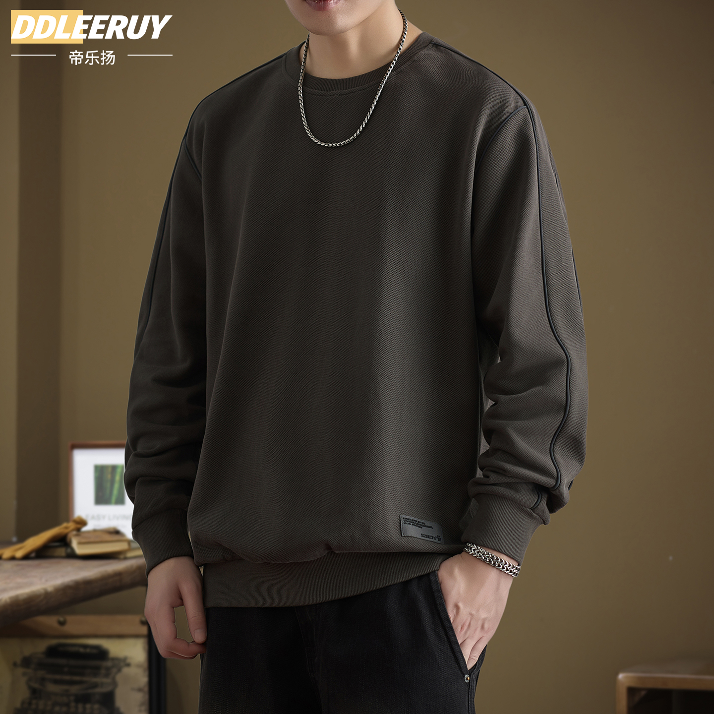 美式重磅纯棉圆领卫衣男宽松大码