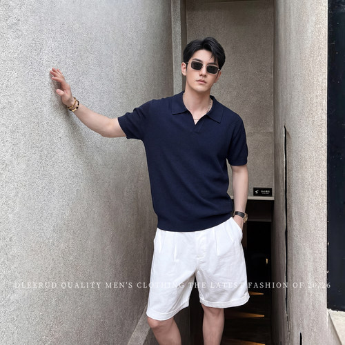 美式高端海鸥领菠萝纹Polo衫男士