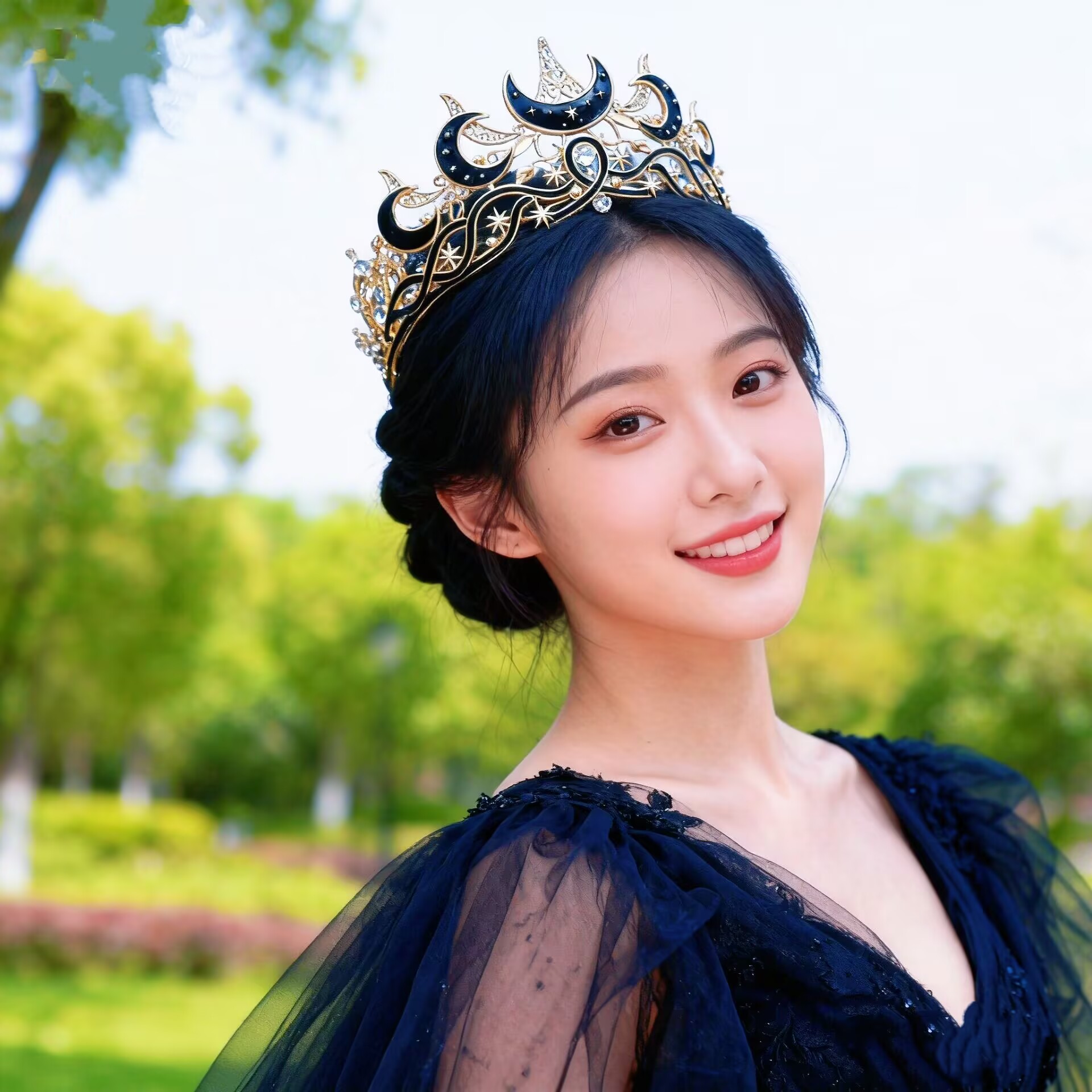 新款新娘头饰森系高级仙气黑色皇冠唯美气质月亮发箍结婚礼服配饰