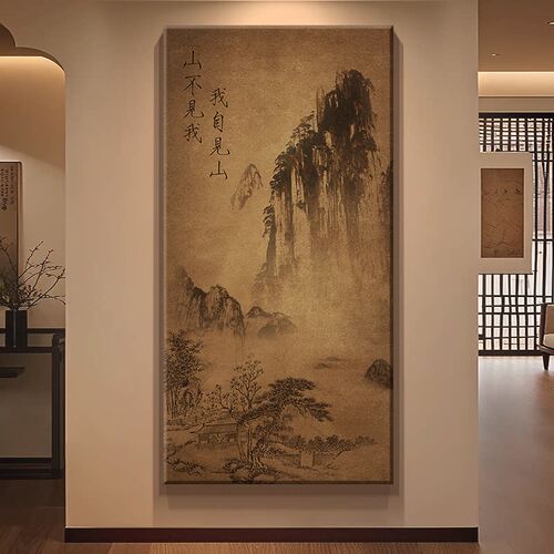 见山入户进门玄关装饰画中式宋代美学竖版走廊过道正对墙茶室挂画