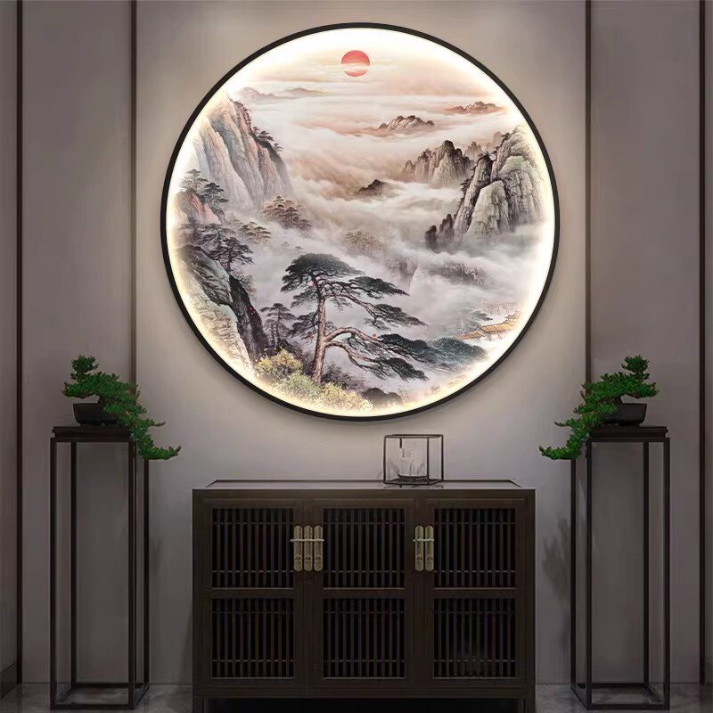 新中式入户玄关装饰画办公室书房圆形带灯壁画茶室走廊山水挂画