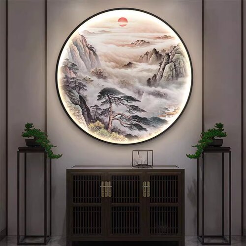 新中式入户玄关装饰画办公室书房圆形带灯壁画茶室走廊山水挂画