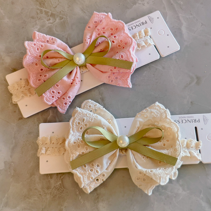 韩版仙气米色蕾丝婴幼儿发带 大蝴蝶结珍珠护脑门宝宝发饰头饰品