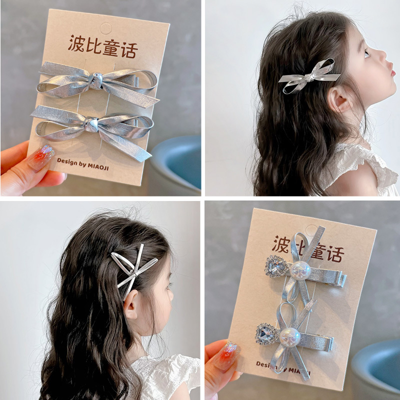 韩系PU银色女童爱心对夹蝴蝶结刘海夹女童发夹发圈皮筋儿童发饰品