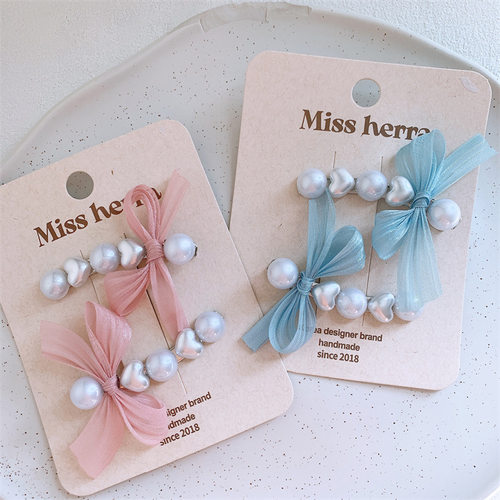 甜美儿童清新仿珍珠爱心蝴蝶结发夹女童侧边碎发刘海夹子对装发卡