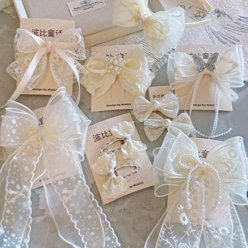 工厂店韩系新款米色系蕾丝弹簧夹珍珠蝴蝶结发夹气质仙女发夹发饰