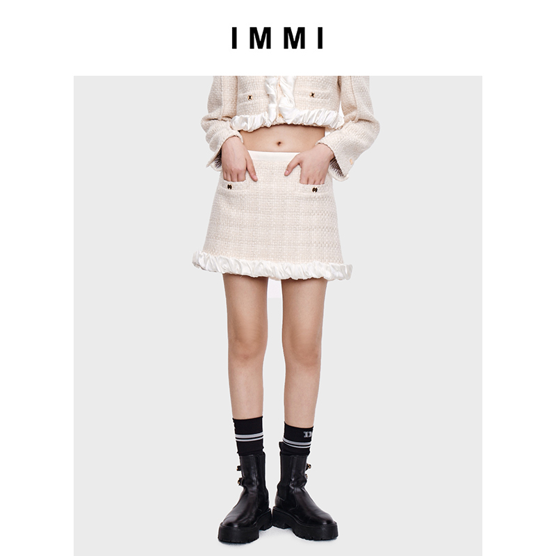 22秋冬新品米白粗花呢短半裙