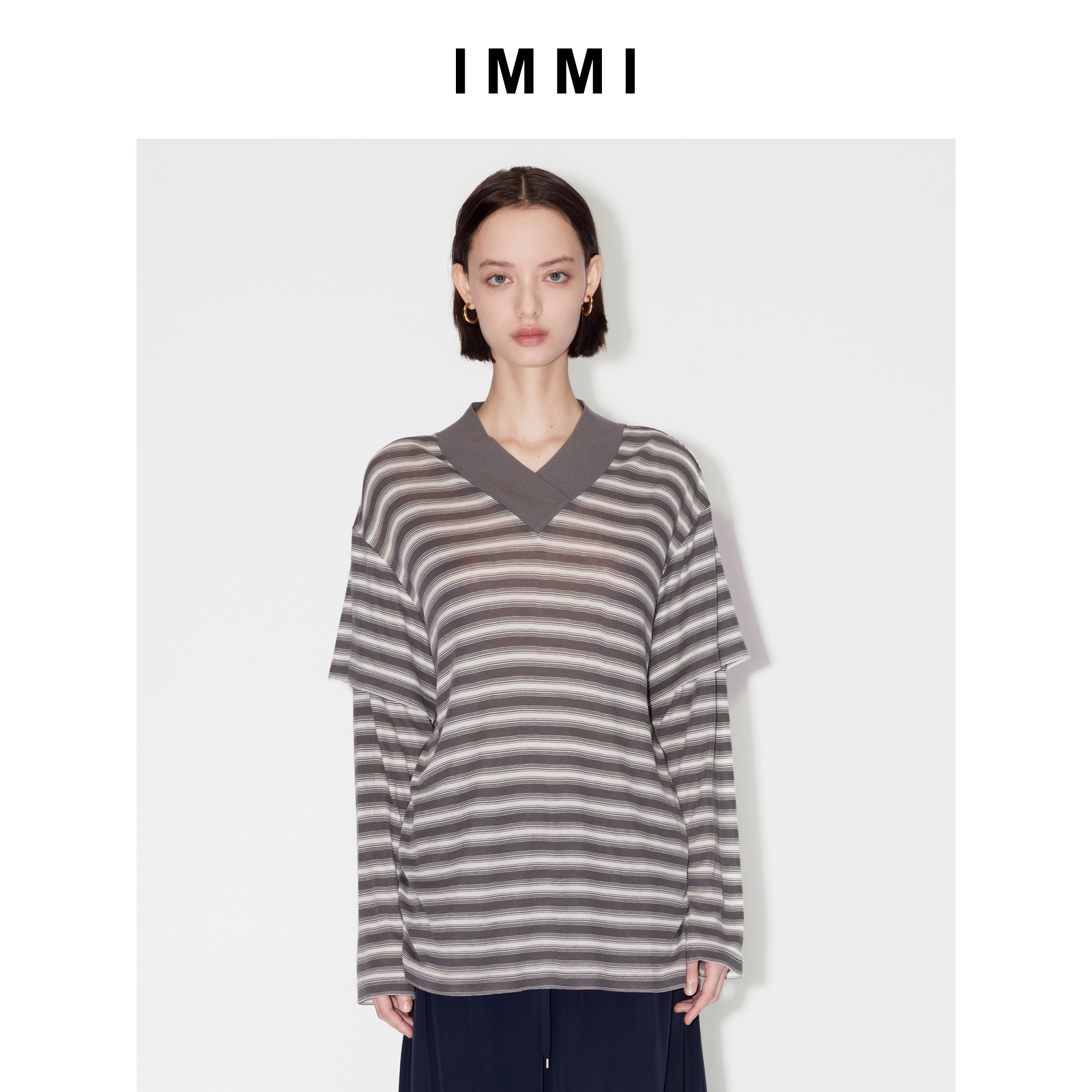 【IMMI】25早秋新品条纹天丝罗纹V领假两件长袖T恤MWEFWJLT0296X