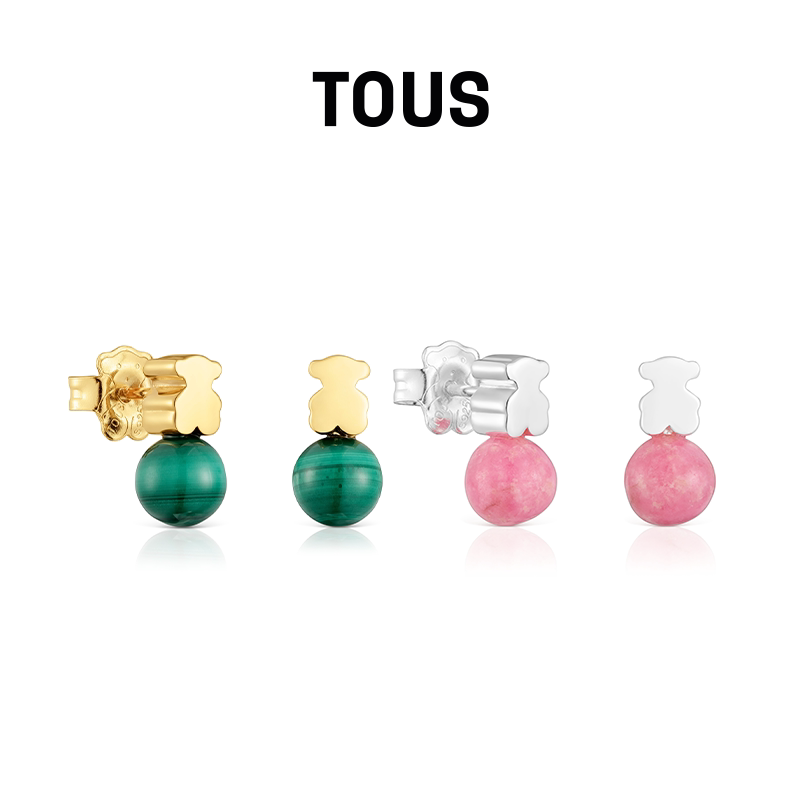 【2026新品】TOUS桃丝熊Icon Mesh系列银镀18K金小熊孔雀石耳钉