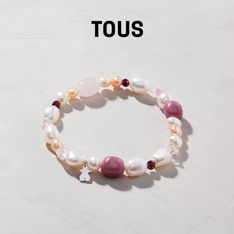 TOUS桃丝熊Pearls系列925银粉石榴石简约纯银珍珠手链生日礼物
