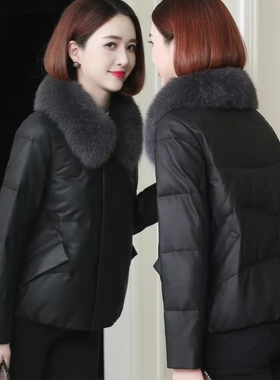 海宁真皮羽绒服女短款狐狸毛领小个子鹅绒服绵羊皮衣皮草加厚外套