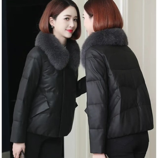 海宁真皮羽绒服女短款 狐狸毛领小个子鹅绒服绵羊皮衣皮草加厚外套