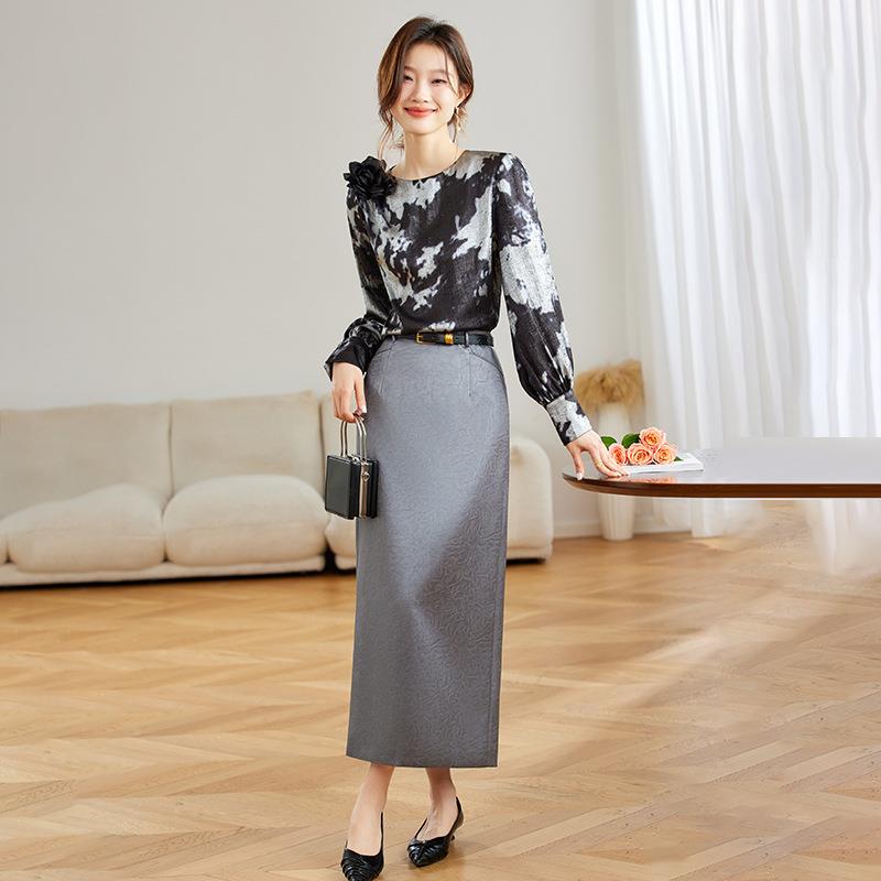 0时尚休闲套装秋冬新SX3021-2款女立体花朵T恤半裙两腰套件裙配带