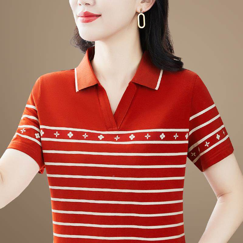 89901160袖洋气短恤女牌夏装新款衣品妈妈条纹衫宽松上大码翻领