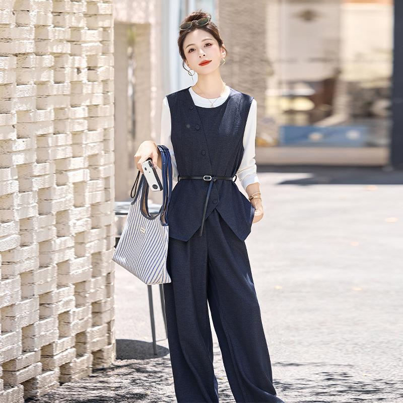 时尚套新装025秋款女装系带马季甲2长袖CY8161-0T恤直筒裤三件套