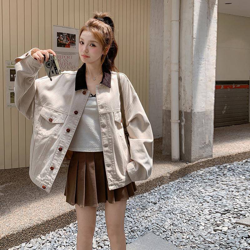 米白领色复古C372-851撞2色夹克外套女205春秋新款韩系英伦风短款