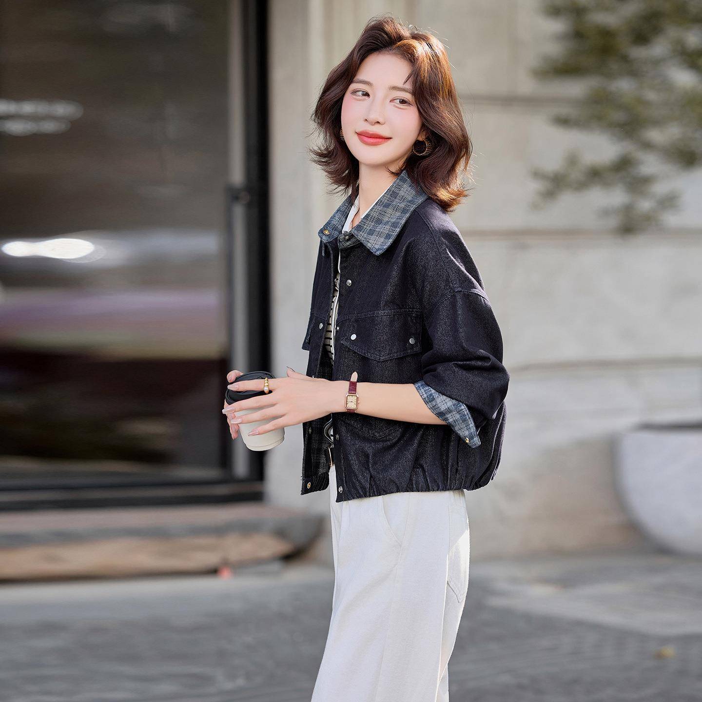 20LU9066-02克5秋季夹新款复古牛仔女外套休闲百搭宽松翻领上衣L