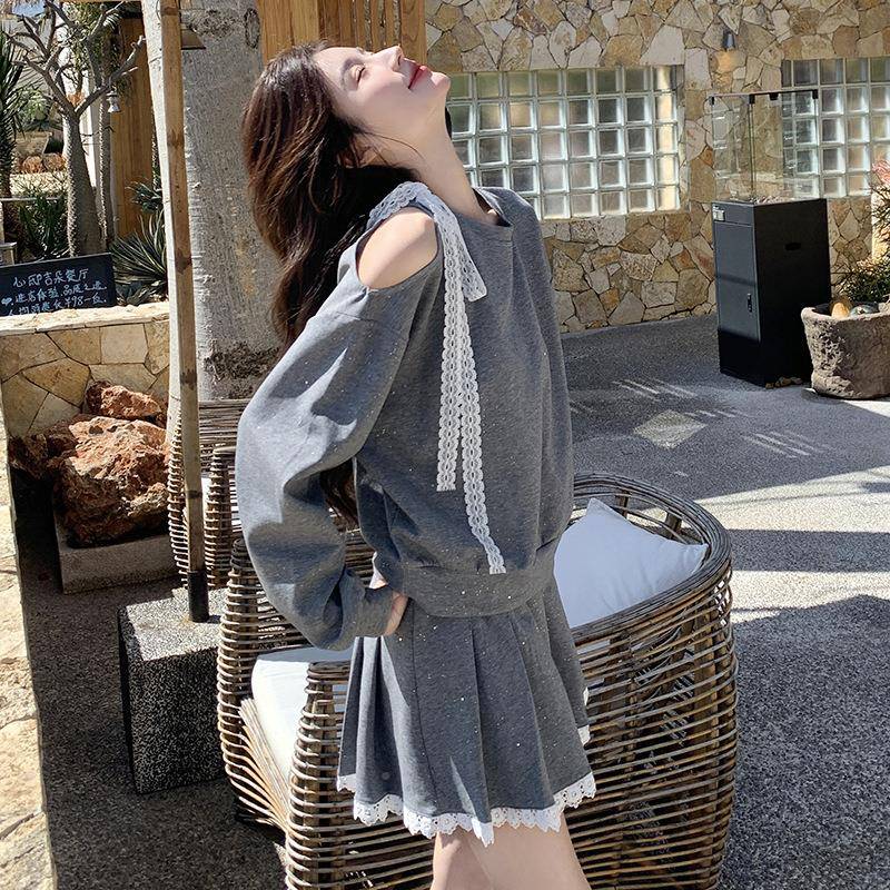 灰色韩系设个计露肩卫龄衣套装C090-186裙女2025秋季小感子减百褶