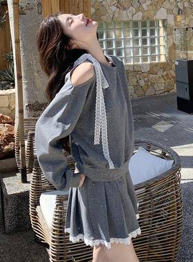 灰色韩系设个计露肩卫龄衣套装C090-186裙女2025秋季小感子减百褶