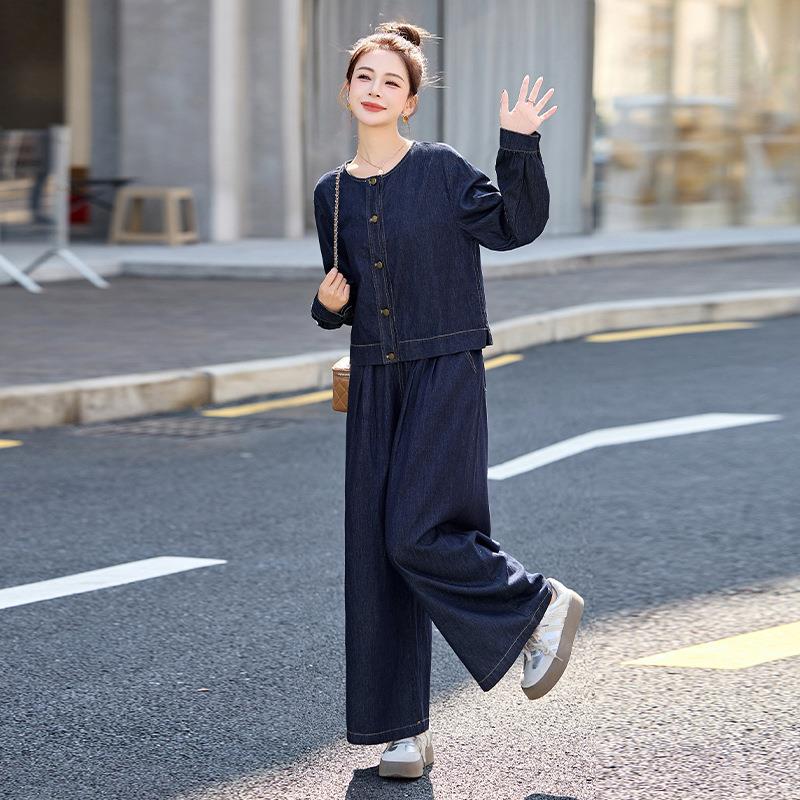 225春新款时尚气HE5012-0质复古休闲牛0仔上衣外套阔腿裤两件套H