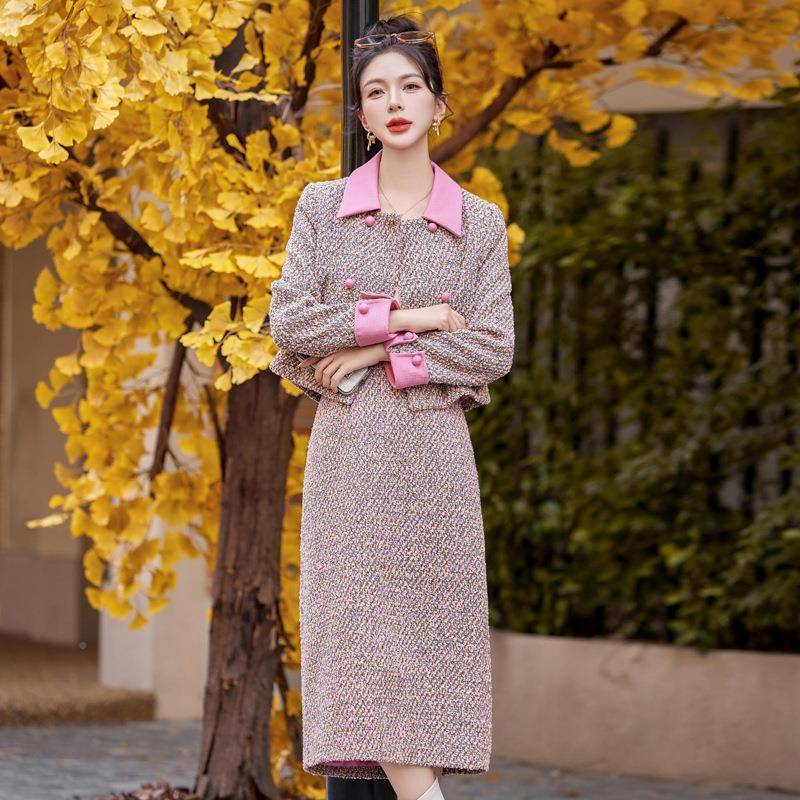 时尚套装冬季新款翻YJ6818-1领外撞色小香范白鸭绒套裙半身两8件