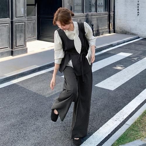 条B165-253纹衬衫假两件拼上接高衣套装女季2025年新款腰阔腿长裤