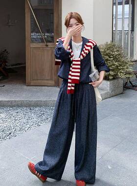 深蓝色古针披肩牛织仔套装C260-Q07衣女2025秋韩系假两件复上阔腿