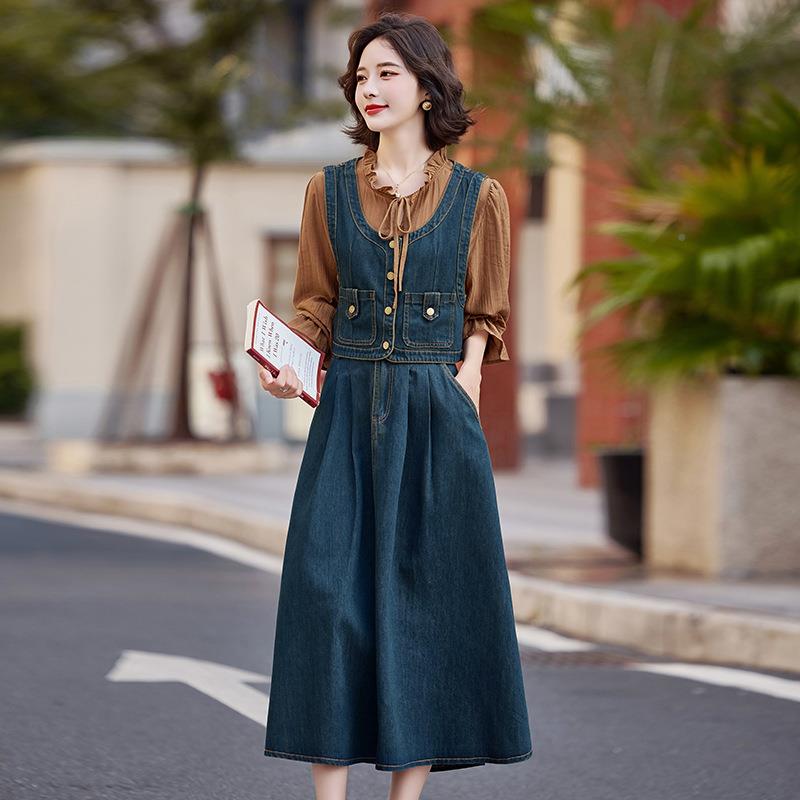 时尚衬休闲套装秋季荷新款牛仔马甲叶边衫牛仔半裙三Y件套裙YQ662