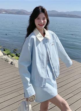 蓝色休闲套装裙女20C118-T6825两秋季设新款计撞感色翻领短外套半