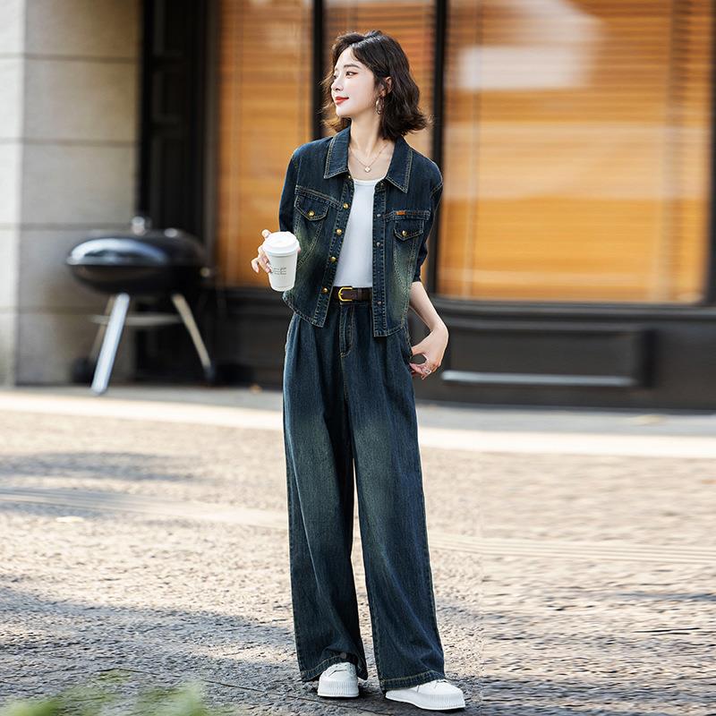 时尚休闲套装22E920-07350秋新款时尚洋休闲牛外套阔腿裤两件仔套