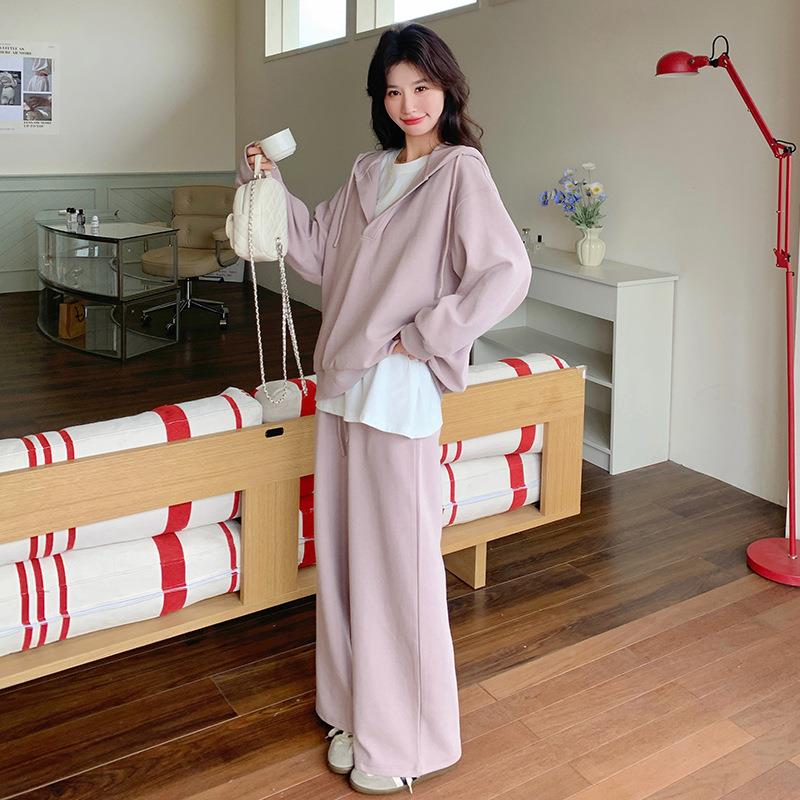 C189-T81色粉慵懒风套装裤女205秋季款韩版松弛感连新帽2卫衣阔腿