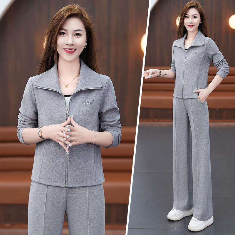 尚时舒适休闲显瘦运动套女10195610中服年妈妈气质减龄翻领开衫装