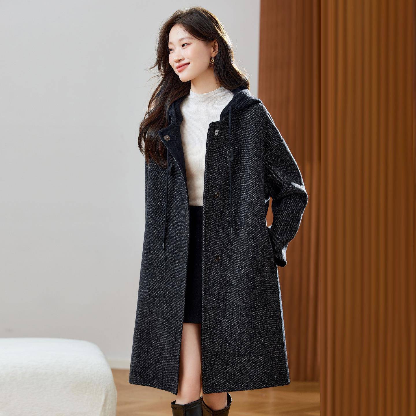 女式毛呢松连外2025秋冬新款长款宽帽时尚双面呢套羊毛大衣ZH2ZH2