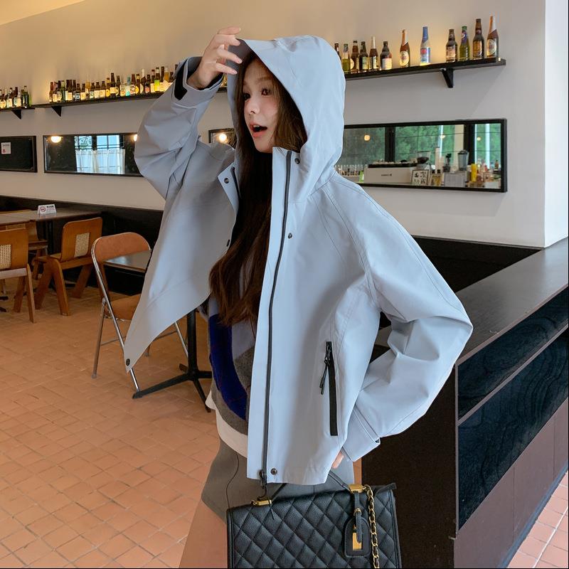 浅蓝色韩系休闲运动连D014-908帽工装外宽套女2025秋子松减龄夹克