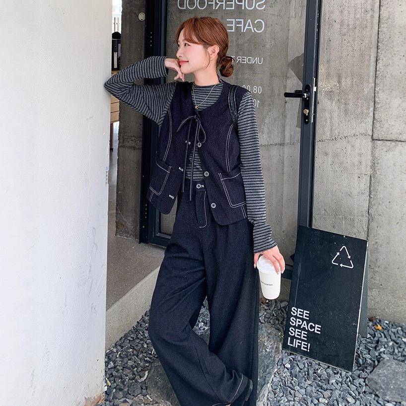 条纹T恤牛仔马秋甲腿裤感C090-891套装女春巨好看两件套松驰三阔