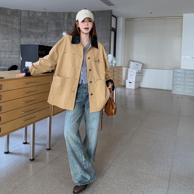 205春秋新年款时尚休闲风宽松显季瘦C372-835拼接皮领工装夹克中