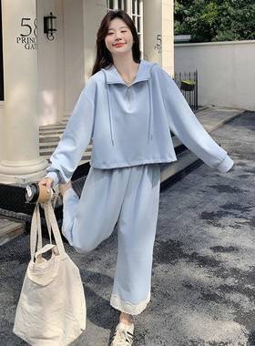 蓝色蕾接卫c129-250衣装女秋季2套025新拼款慵懒风休闲运动阔腿丝