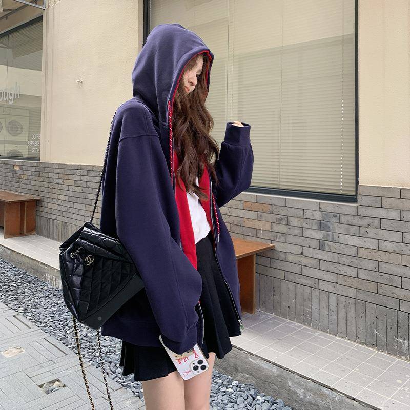 深蓝色松弛感2懒风撞色卫秋衣外套女205初C282-968新款休闲慵通勤