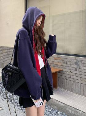 深蓝色松弛感2懒风撞色卫秋衣外套女205初C282-968新款休闲慵通勤